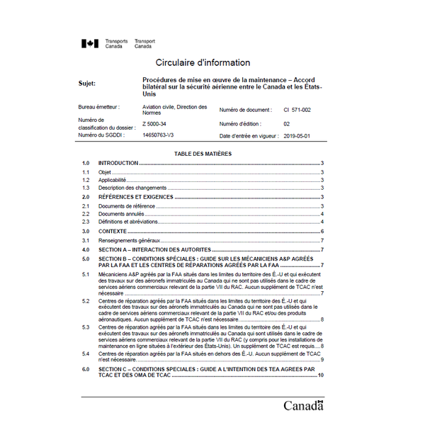 Circulaire d'information de Transports Canada, Procédures de mise en oeuvre de la maintenance